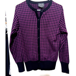 Carole Little cardigan sweater Womens sz M Wool Houndstooth Burgundy Black
